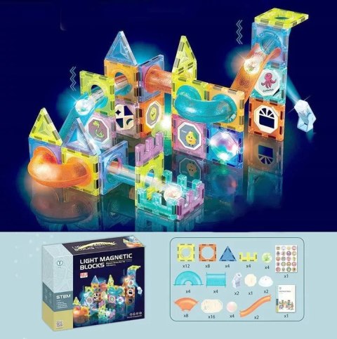 Klocki magnetyczne świecące tor kulkowy edukacyjny zestaw 75 elementów