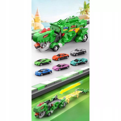 Ciężarówka dinozaur T-rex wyrzutnia zjeżdżalnia + 2 resoraki połykacz autka