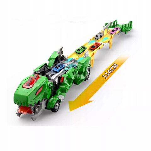 Ciężarówka dinozaur T-rex wyrzutnia zjeżdżalnia + 2 resoraki połykacz autka