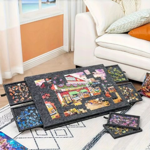 Ogromna mata filcowa do puzzli Stolik zamykany 6 szuflad organizer 77x54 cm