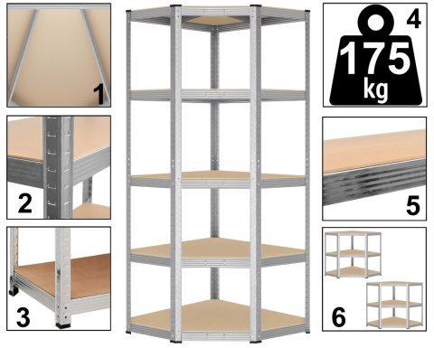 Regał magazynowy narożny 5 poziomów 875 kg 180 x 70 x 40 cm