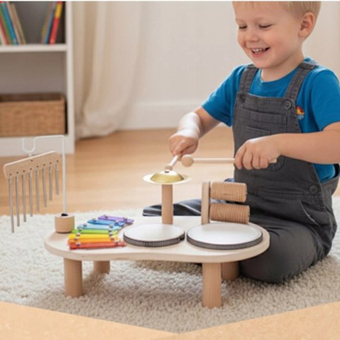 Luxma Drewniany stolik perkusyjny Montessori zestaw muzyczny dla dzieci