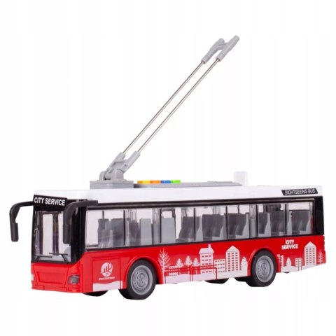 Luxma Duży czerwony trolejbus miejski otwierane drzwi dźwięki światła WY911A Luxma Duży czerwony trolejbus miejski otwierane drzwi dźwięki światła WY911A