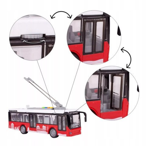 Luxma Duży czerwony trolejbus miejski otwierane drzwi dźwięki światła WY911A Luxma Duży czerwony trolejbus miejski otwierane drzwi dźwięki światła WY911A