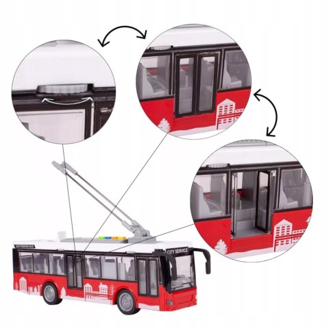 Luxma Duży czerwony trolejbus miejski otwierane drzwi dźwięki światła WY911A Luxma Duży czerwony trolejbus miejski otwierane drzwi dźwięki światła WY911A
