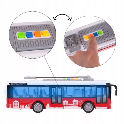 Luxma Duży czerwony trolejbus miejski otwierane drzwi dźwięki światła WY911A Luxma Duży czerwony trolejbus miejski otwierane drzwi dźwięki światła WY911A