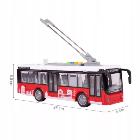 Luxma Duży czerwony trolejbus miejski otwierane drzwi dźwięki światła WY911A Luxma Duży czerwony trolejbus miejski otwierane drzwi dźwięki światła WY911A