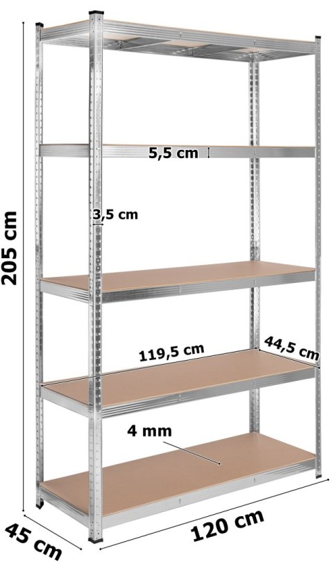 Regał stalowy magazynowy 200kg 5 poziomów 205x120x45 cm ocynkowany Regał stalowy magazynowy 200kg 5 poziomów 205x120x45 cm ocynkowany