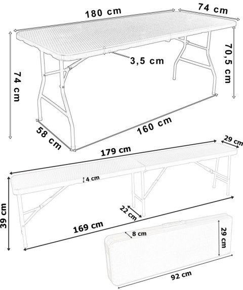 Zestaw cateringowy Rattan brąz stół 180 cm+ 2 ławki Zestaw cateringowy Rattan brąz stół 180 cm+ 2 ławki