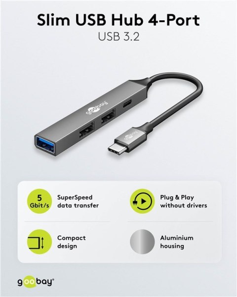 Goobay Slim 4-Port USB Hub, USB-C to USB-C/USB-A, 5 Gbit/s | 74459 Goobay Slim 4-Port USB Hub, USB-C to USB-C/USB-A, 5 Gbit/s | 74459