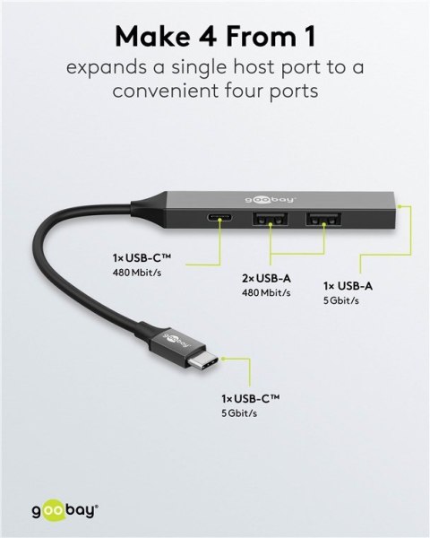 Goobay Slim 4-Port USB Hub, USB-C to USB-C/USB-A, 5 Gbit/s | 74459 Goobay Slim 4-Port USB Hub, USB-C to USB-C/USB-A, 5 Gbit/s | 74459