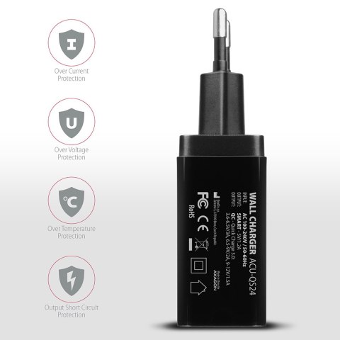 AXAGON Dual wallcharger 240V/2x USB port QC3.0/AFC/FCP and 5V-1.2A, 24W | ACU-QS24 AXAGON Dual wallcharger 240V/2x USB port QC3.0/AFC/FCP and 5V-1.2A, 24W | ACU-QS24