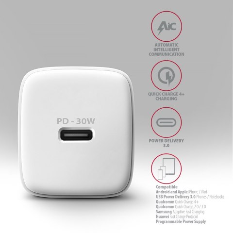 AXAGON Sil wallcharger 1x port USB-C, PD3.0 /PPS/QC4+/SFC/AFC/Apple, 30w | ACU-PD30W AXAGON Sil wallcharger 1x port USB-C, PD3.0 /PPS/QC4+/SFC/AFC/Apple, 30w | ACU-PD30W