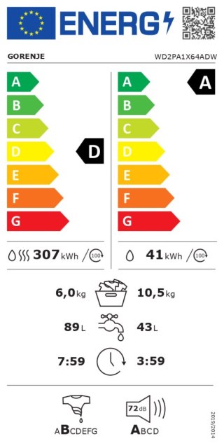 Gorenje Washing Machine with Dryer | WD2PA1X64ADW | Energy efficiency class A/D | Front loading | Washing capacity 10.5 kg | 140