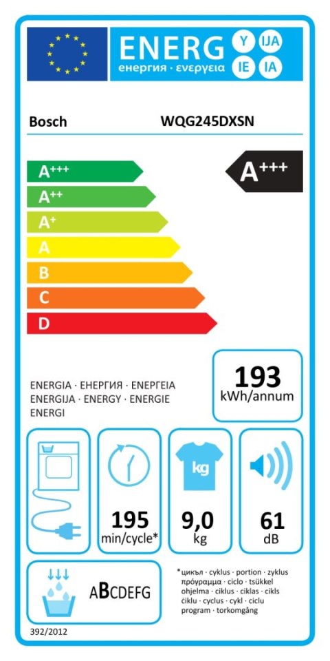 Bosch Dryer Machine with Heat Pump | WQG245DXSN | Energy efficiency class A+++ | Front loading | 9 kg | Condensation | LCD | Dep Bosch Dryer Machine with Heat Pump | WQG245DXSN | Energy efficiency class A+++ | Front loading | 9 kg | Condensation | LCD | Dep