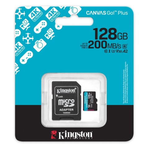 Kingston | Canvas Go! Plus | 128 GB | microSD | Flash memory class Class 10, UHS-I, U3, V30, A2 Kingston | Canvas Go! Plus | 128 GB | microSD | Flash memory class Class 10, UHS-I, U3, V30, A2