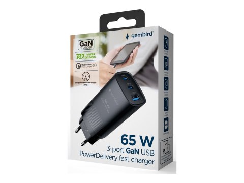 Cablexpert 3-port 65 W GaN USB PowerDelivery fast charger | TA-UC-PDQC65-01-BK Cablexpert 3-port 65 W GaN USB PowerDelivery fast charger | TA-UC-PDQC65-01-BK