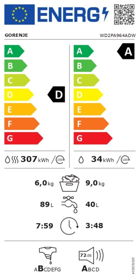 Gorenje Washing Machine with Dryer | WD2PA964ADW | Energy efficiency class A/D | Front loading | Washing capacity 9 kg | 1400 RP Gorenje Washing Machine with Dryer | WD2PA964ADW | Energy efficiency class A/D | Front loading | Washing capacity 9 kg | 1400 RP