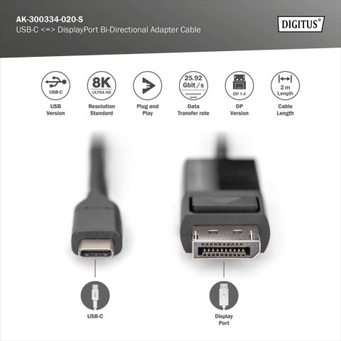 DIGITUS USB Type-C DisplayPort Bi-Directional Adapter Cable, 2 m | Digitus DIGITUS USB Type-C DisplayPort Bi-Directional Adapter Cable, 2 m | Digitus