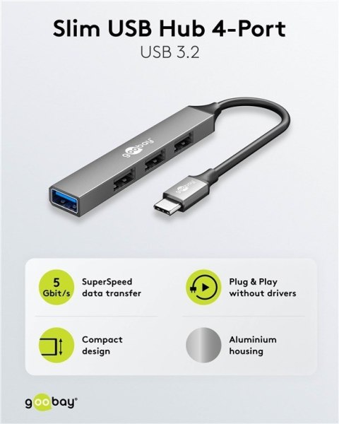 Goobay Slim 4-Port USB Hub, USB-C to USB-A, 5 Gbit/s | 74457 Goobay Slim 4-Port USB Hub, USB-C to USB-A, 5 Gbit/s | 74457