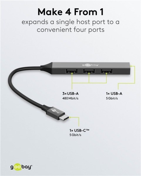 Goobay Slim 4-Port USB Hub, USB-C to USB-A, 5 Gbit/s | 74457 Goobay Slim 4-Port USB Hub, USB-C to USB-A, 5 Gbit/s | 74457