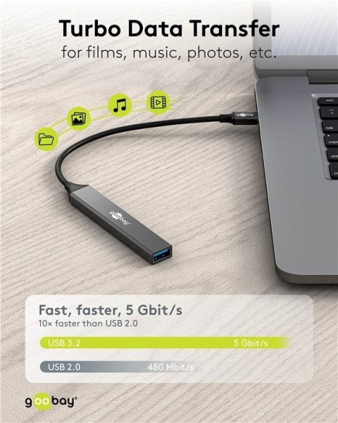 Goobay Slim 4-Port USB Hub, USB-C to USB-A, 5 Gbit/s | 74457 Goobay Slim 4-Port USB Hub, USB-C to USB-A, 5 Gbit/s | 74457