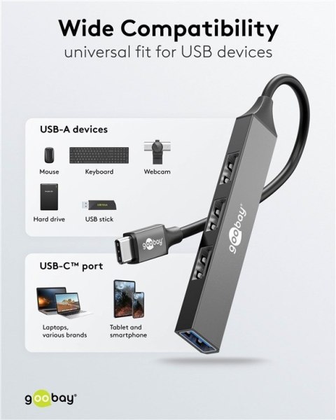 Goobay Slim 4-Port USB Hub, USB-C to USB-A, 5 Gbit/s | 74457 Goobay Slim 4-Port USB Hub, USB-C to USB-A, 5 Gbit/s | 74457