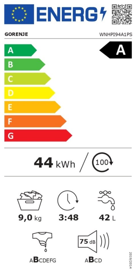 Gorenje Washing Machine | WNHPI94A1PS | Energy efficiency class A | Front loading | Washing capacity 9 kg | 1400 RPM | Depth 54 Gorenje Washing Machine | WNHPI94A1PS | Energy efficiency class A | Front loading | Washing capacity 9 kg | 1400 RPM | Depth 54