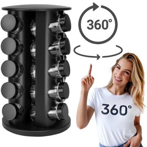 Stojak na przyprawy obrotowy ROTOR BLACK 20 słoiczków + 72 naklejki