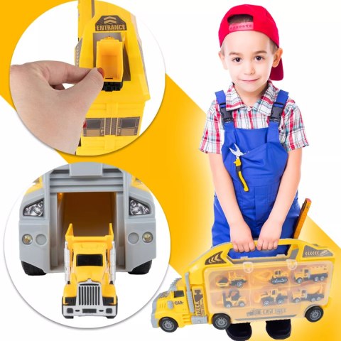 Ciężarówka walizka z metalowymi autkami budowlanymi 6 szt światła i dźwięki