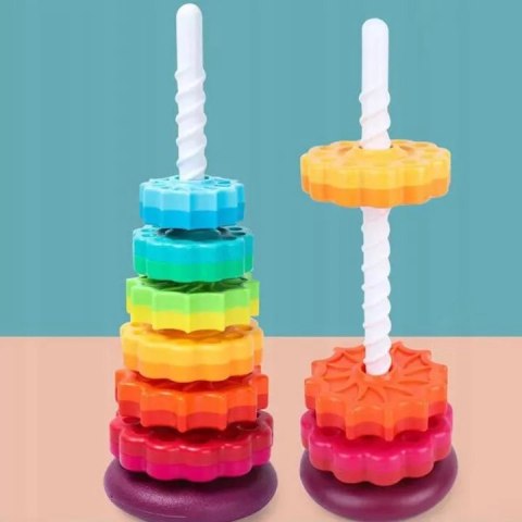 Tęczowa wieża sensoryczna 6 krążków - kreatywna piramidka edukacyjna