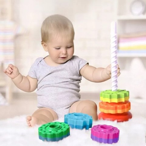 Tęczowa wieża sensoryczna 6 krążków - kreatywna piramidka edukacyjna