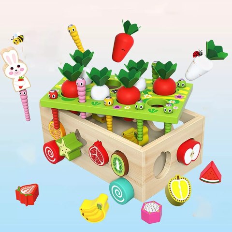 Układanka Montessori sorter klocków Złap Robaczka drewniany wózek marchewki
