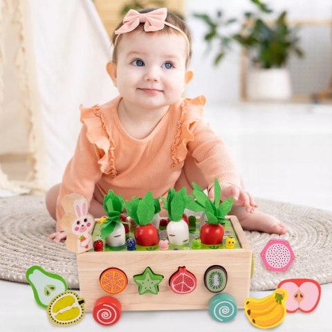 Układanka Montessori sorter klocków Złap Robaczka drewniany wózek marchewki